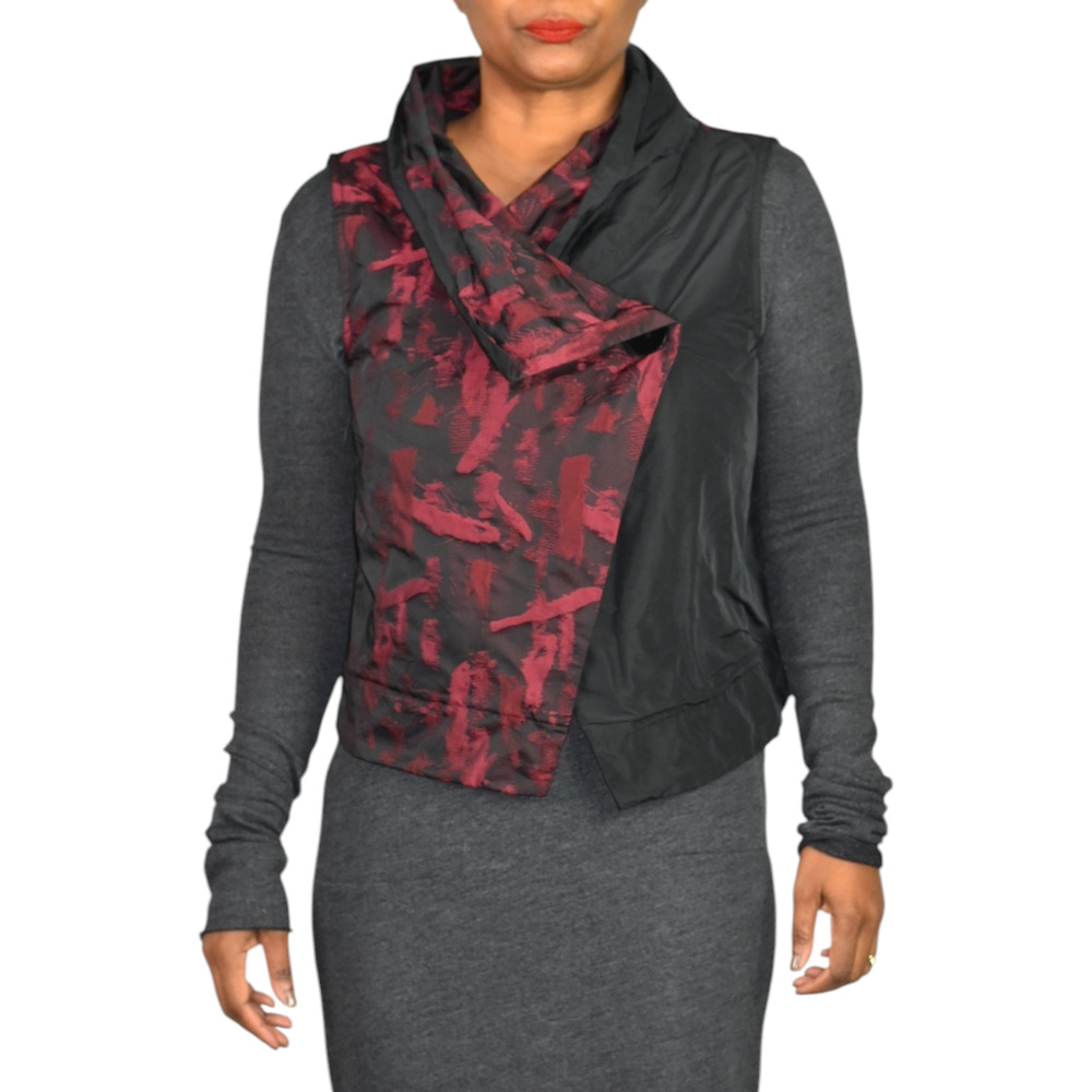 Ever Sassy Dolcezza Vest Red Burgundy Jacquard Asymmetric Lagenlook Artsy Small